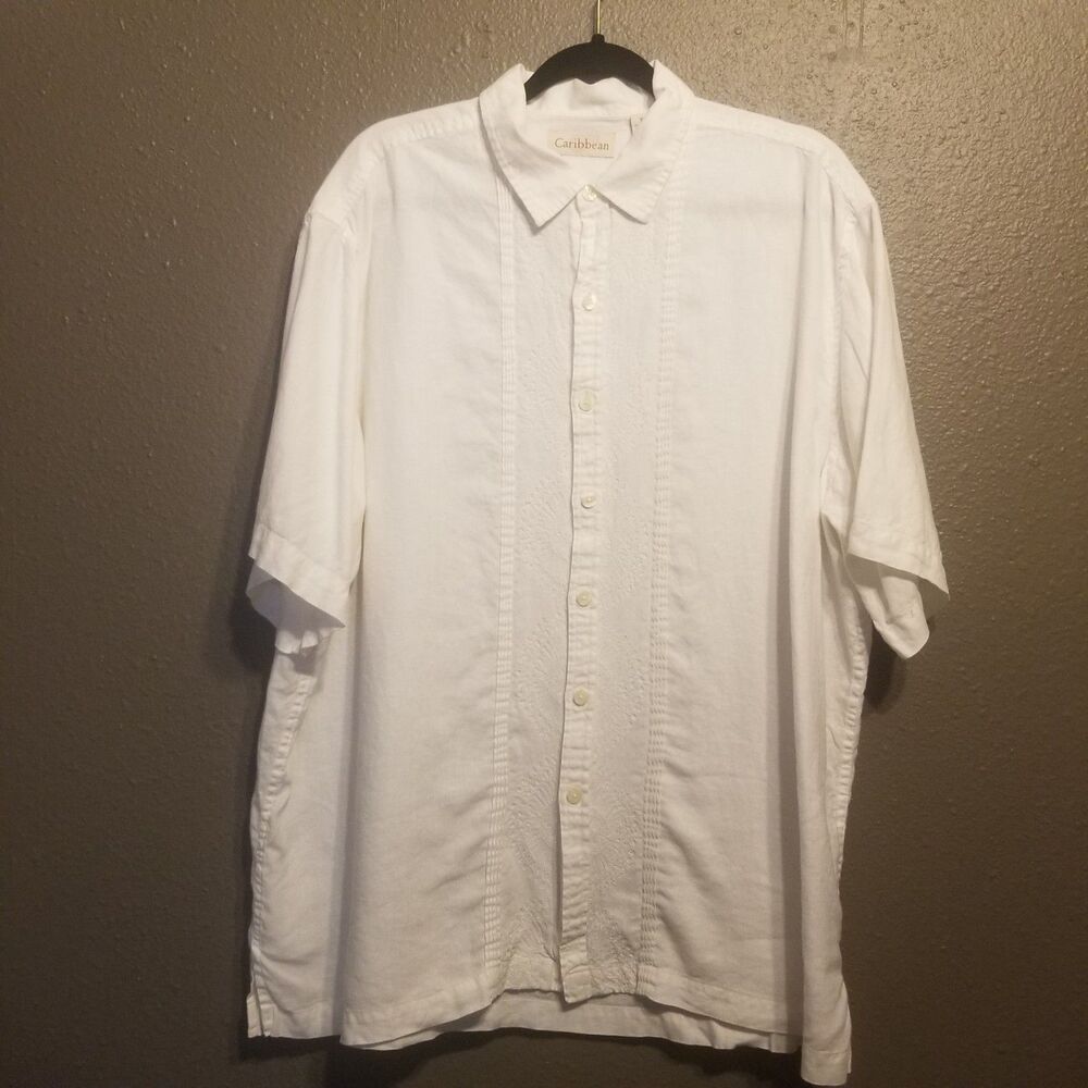 Caribbean XL Shirt Linen Embroidered White Button Up Pintuck Pleats Resort Beach